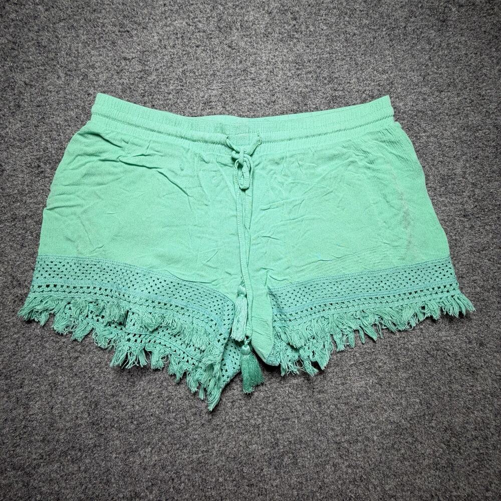 Harmony + Havoc Womens Shorts (Size M) Teal Pull On Elastic Waist Lace & Fringed